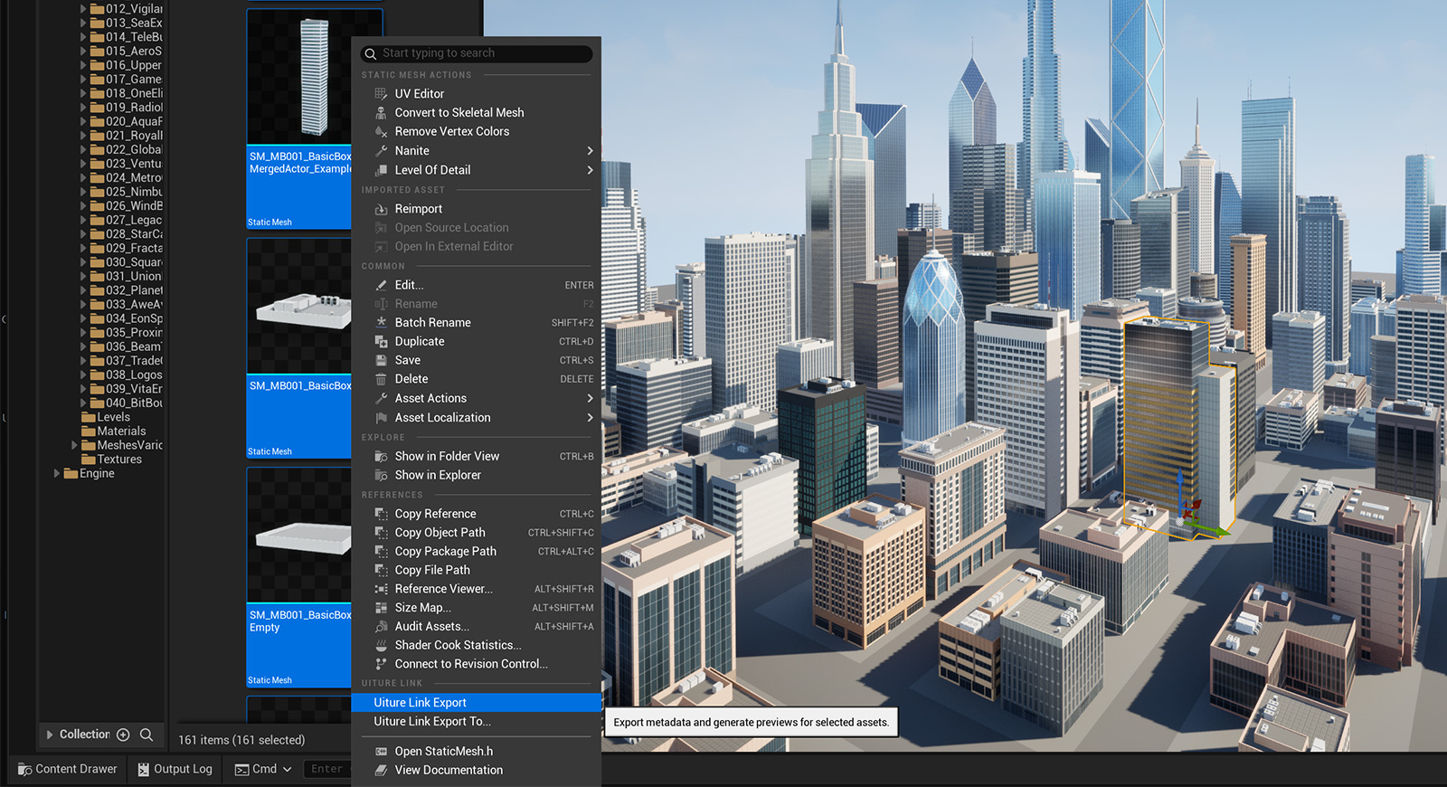 Uiture Link Export in the Unreal Editor context menu